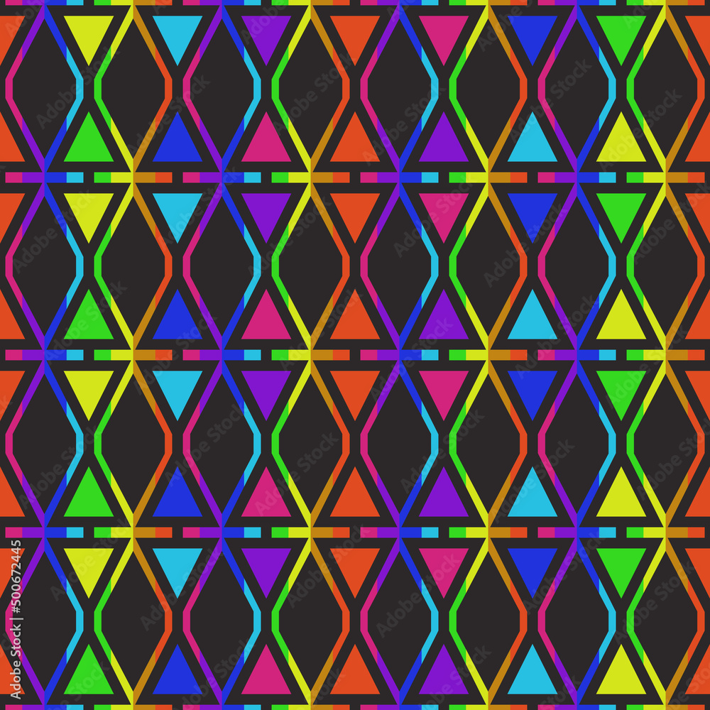 Poster Rainbow background and black rhombus pattern in rows arrangement.