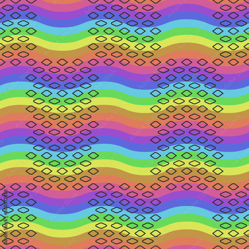 Poster rainbow wave in the background and a simple pattern of small black dots.