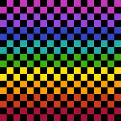 Checkered rainbow wallpaper. Seamless pattern of black and colorful squares. Vector chess and rainbow mosaic.