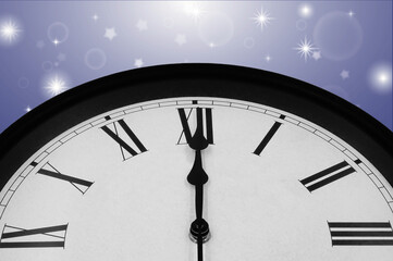 Fototapeta na wymiar Clock at 12 o'clock , isolated on blue background with stars, background for New Year.