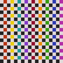 A checkerboard pattern with rainbow colors and black cells. A vector of identical but colored cells.