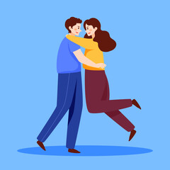 Fototapeta premium Valentine's day lovers hug each other with hearts on the background, vector illustration