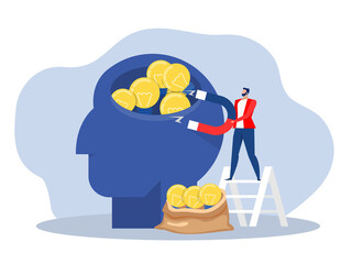 businessman  holding magnet attracting or stealing idea light bulbs from head. Idea concept