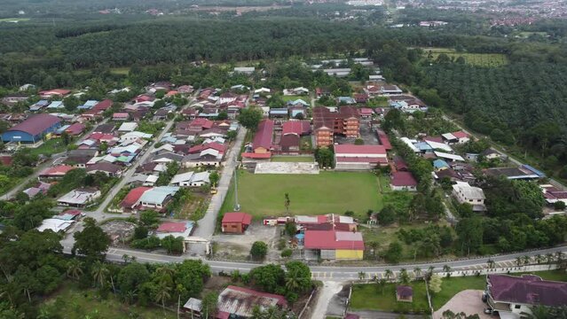 Aerial view Sungai Lembu village near plantation
