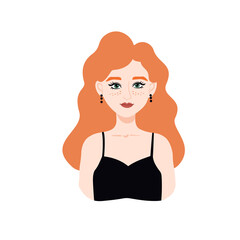 Beautiful red hair woman fancy dressed up. Red hair woman in black dress. Vector girl avatar. 