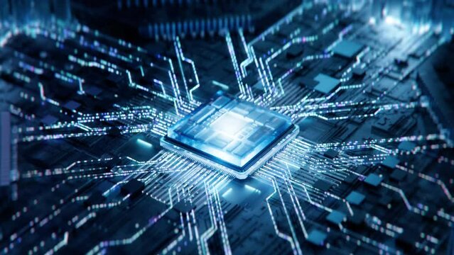 Concept: Advanced Microprocessor Chip Connecting with a Motherboard and Activates entire System. Energy Pulse Expanding after CPU Connected to Socket.