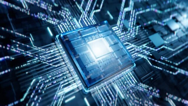 Concept: Advanced Microprocessor Chip Connecting with a Motherboard and Activates entire System. Energy Pulse Expanding after CPU Connected to Socket.