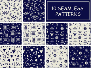 A collection of trendy memphis seamless repeat patterns. Retro 80-90s style. Background print abstract element shapes.