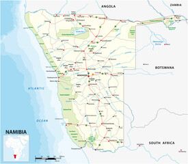 Detailed vector roads and national park map of Namibia