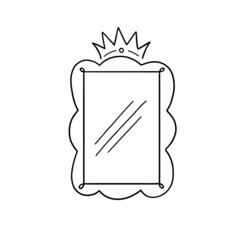 Princess crown mirror frame. Hand drawn doodle mirror with crown for baby princess decorate border. Vector illustration.
