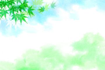 風に舞い上がる若葉 カエデ（水彩タッチの背景）