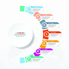 Basic circle infographic template with 7 steps, process or options, process chart, Used for process diagram, presentations, workflow layout, flow chart, infograph. Vector eps10 illustration.