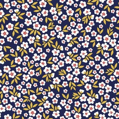 Seamless vintage pattern. White flowers, yellow leaves. Dark blue background. vector texture. fashionable print for textiles, wallpaper and packaging.