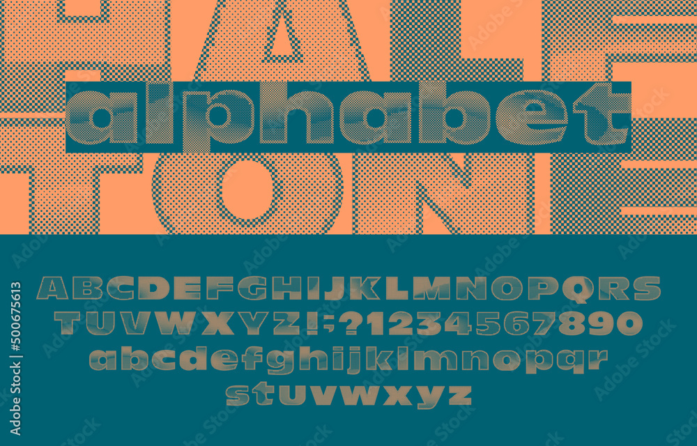 Poster halftone alphabet font. damaged uppercase and lowercase letters, numbers and symbols. stock vector t