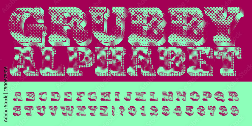 Poster grubby alphabet font. dirty halftone letters, numbers and symbols. stock vector typescript.