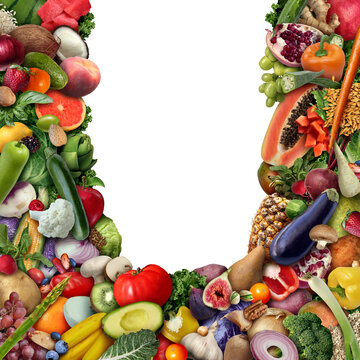 Fruit And Vegetables Blank Frame background or vegan and veganism or healthy food as a group of fresh ripe fruits and nuts with beans as a diet symbol for eating green biological natural food.