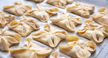 Kalitsounia traditional Crete island food, Greece. Kaltsounia homemade pies on oven pan, close up.