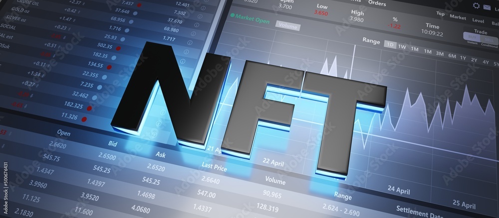 Poster nft non fungible token, data unit stored in a blockchain. blue neon light and black text. 3d render
