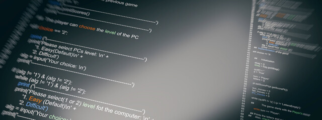 Computer code, program. Develop coding on a electronic device screen, close up, banner