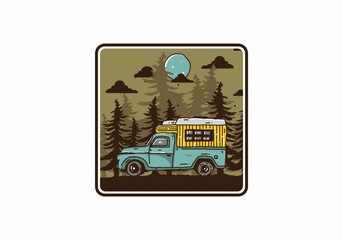 Wood campervan in the forest illustration