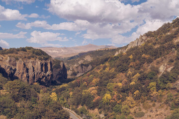 Picturesque view to scenic landscape ravine. canyon and gorge in Armenia near Jermuk town. Forest meadows and hills. River gorge in mountains panorama stock photography