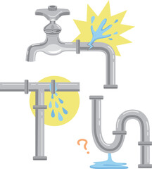 水道管のトラブルのイラスト（単水栓・3種類・水漏れ・破損）
