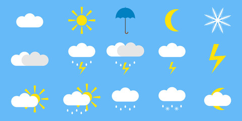 Weather icons isolated on blue background. Simple cartoon clip arts of forecast. Minimalistic flat vector illustration