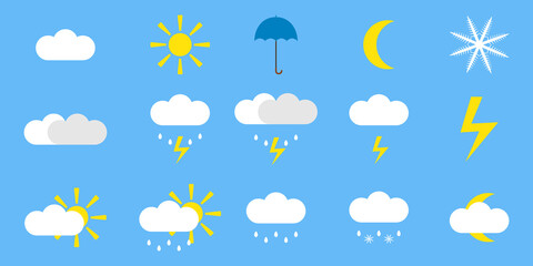 Obraz premium Weather icons isolated on blue background. Simple cartoon clip arts of forecast. Minimalistic flat vector illustration
