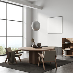 Lounge interior with seats and shelf, panoramic window and mockup frame