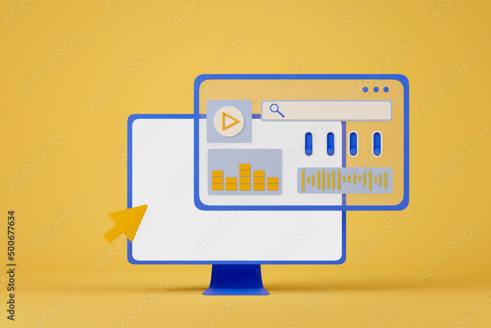 Poster work zone and pc mockup display, cursor and page with search bar