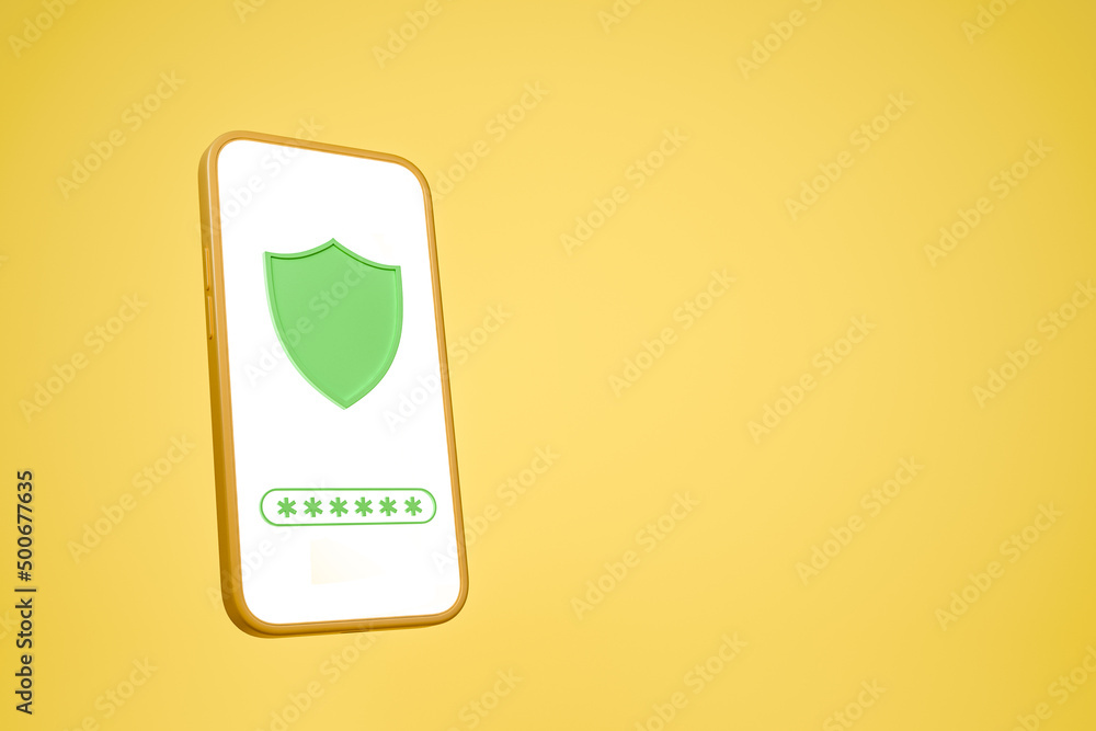 Poster smartphone and security shield with password. mockup copy space