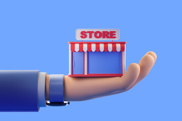 Cartoon hand with store, online shopping and support