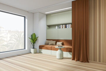 Fototapeta na wymiar Corner view on brown living room interior with panoramic window