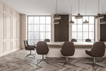 Light office room interior with chairs, table and panoramic window