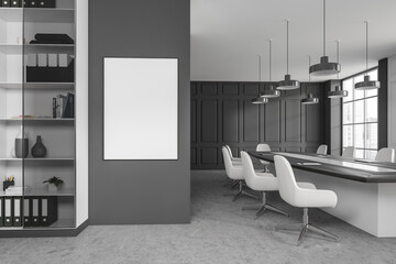 Grey office room with table and seats, window, shelf and mockup frame