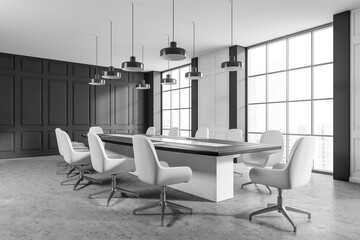 Corner view on dark office interior with large meeting board