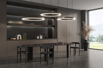 Dark kitchen interior with chairs and table, dining area and panoramic window
