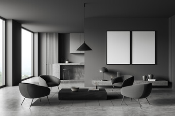 Dark studio room interior with two empty white posters