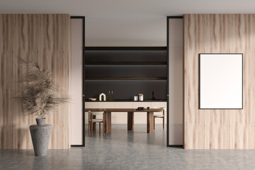 Wooden kitchen room interior with seats and table, mockup frame