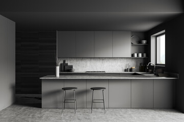 Grey kitchen interior with island and seats, shelves and kitchenware, window