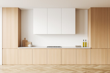 Light cooking interior with shelves and appliances, wooden floor