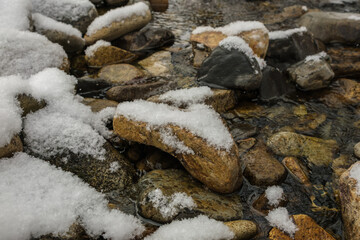 A stream in the snow in winter.