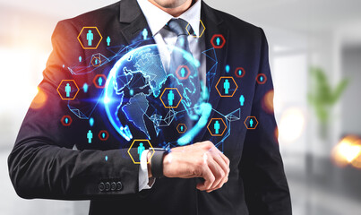 Businessman with smart watch. Earth sphere and social network, lines and circuit