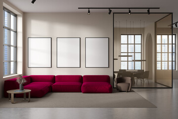 Front view on bright office interior with three white posters
