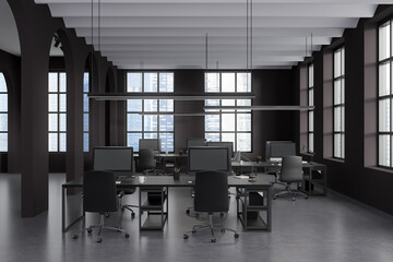 Office interior with furniture, computer and window with city view