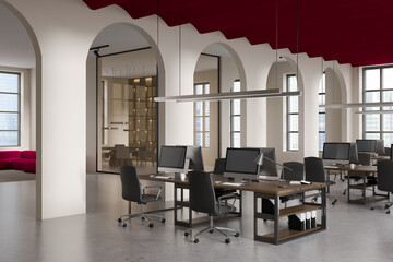 Workplace interior with furniture, computer and window with city view