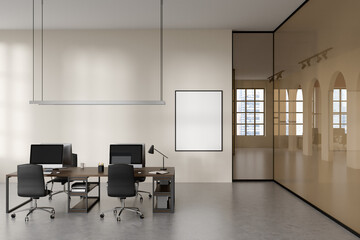 Front view on bright office interior with empty white poster