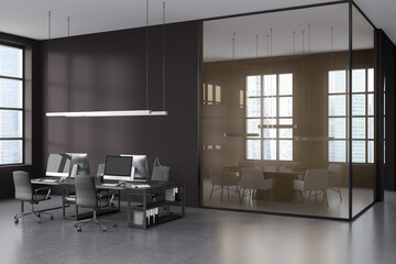Corner view on dark office interior with meeting board, computers