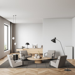 Business interior with work desk and computer, relax zone and panoramic window