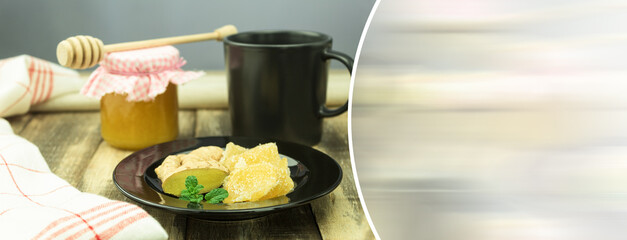 Two types of ginger - fresh and candied on a rustic table